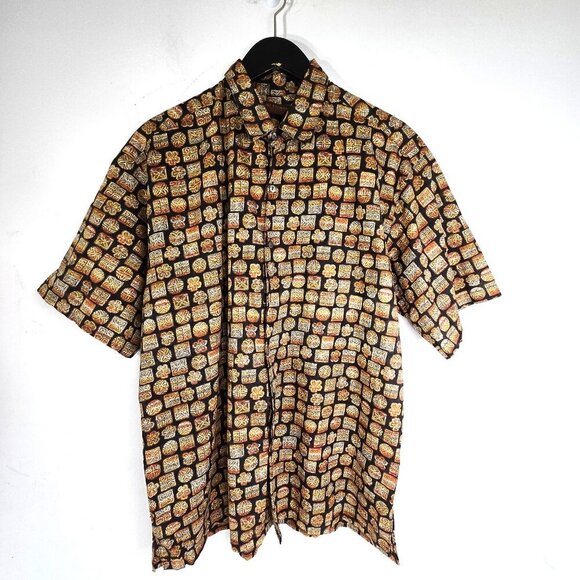 Vintage Tori Richard Brown Aztec Tribal Black Brown Made in USA Hawaiian Shirt - Picture 1 of 6